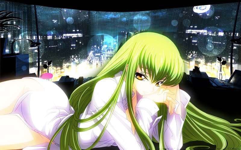green-haired anime girl at night