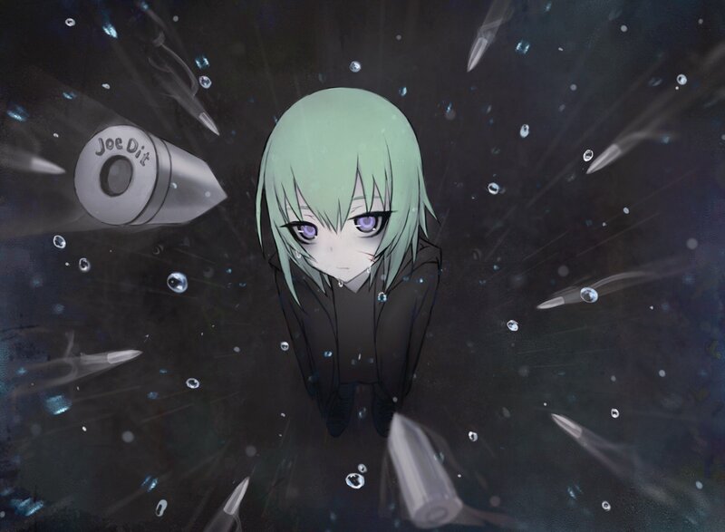 Green-haired Anime Girl — Black, Dramatic, Bullets