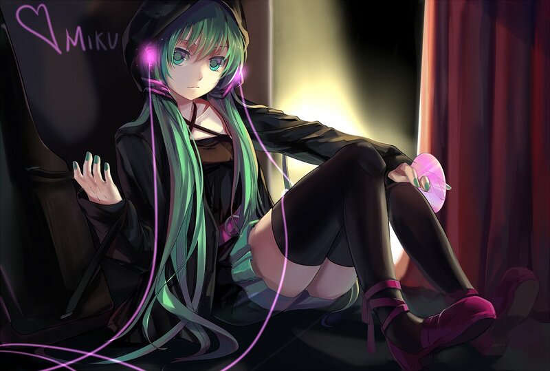 Green-haired Anime Girl — Black, Dramatic, Night, Digital Art, Headphones, Cd