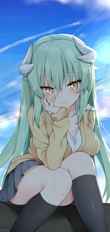 Green-haired Anime Girl — Blue, Calm, Afternoon, Horned Head