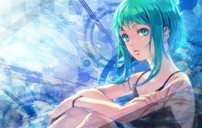 Green-haired Anime Girl — Blue, Calm, Blue Background