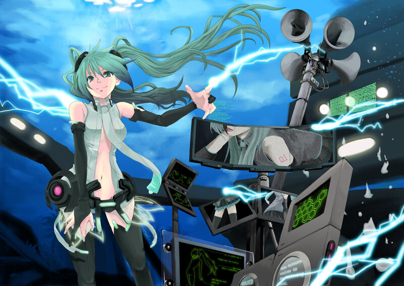 Green-haired Anime Girl — Blue, Dramatic, Digital Art