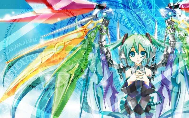 Green-haired Anime Girl — Blue, Dramatic, Mechanical Wings