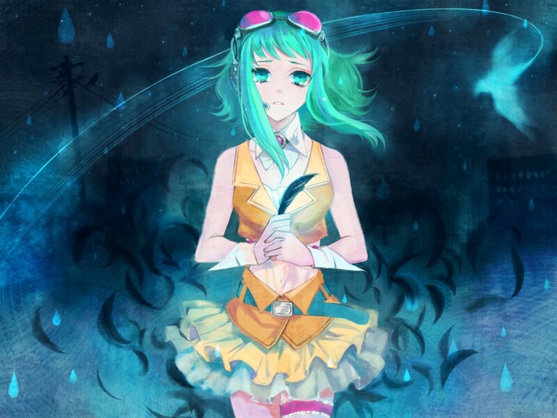 Green-haired Anime Girl — Blue, Dramatic, Night, Digital Art, Rain