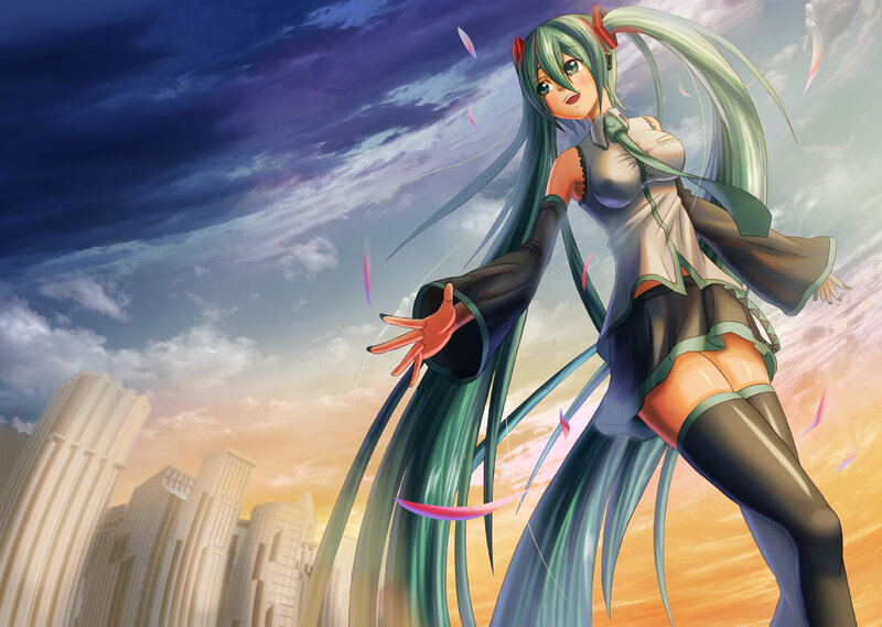 Green-haired Anime Girl — Blue, Dramatic, Sunset