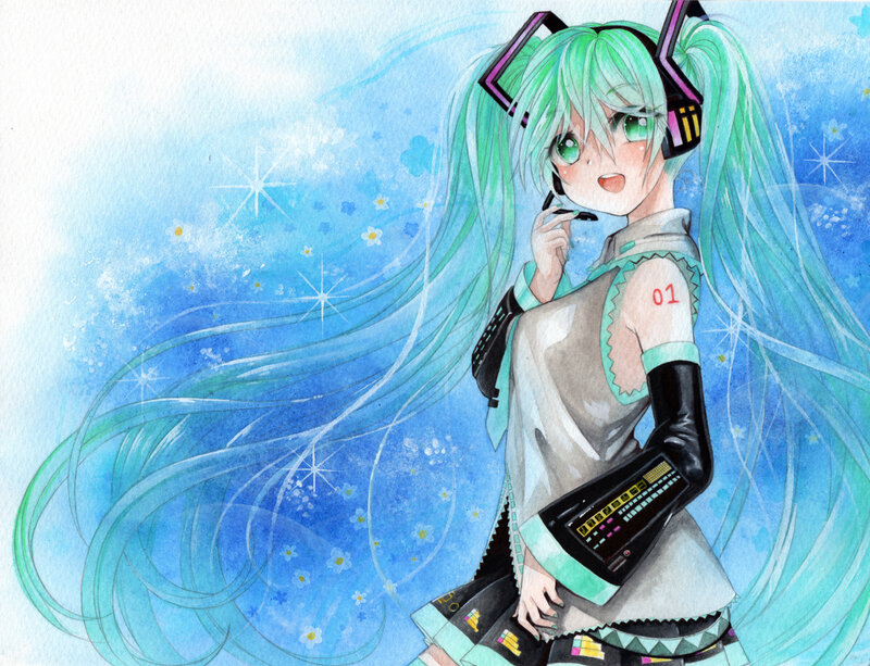 Green-haired Anime Girl — Blue, Dreamy, Digital Art