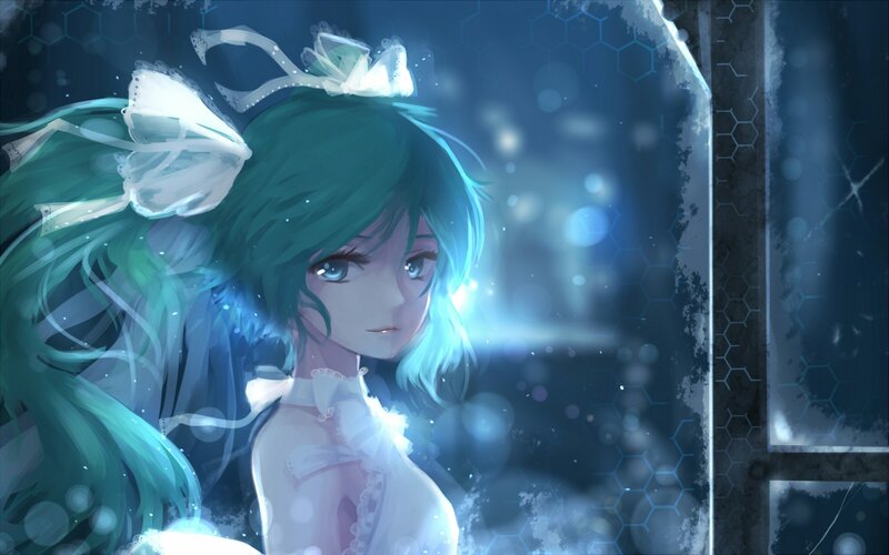 Green-haired Anime Girl — Blue, Dreamy, Night, Digital Art, White Bow, Dress