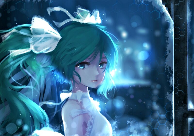 Green-haired Anime Girl — Blue, Dreamy, Night, Digital Art, White Bow