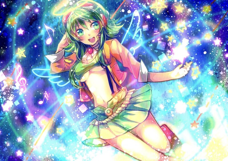 Green-haired Anime Girl — Blue, Energetic, Music Notes