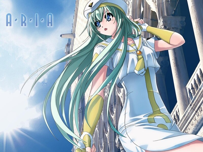 Green-haired Anime Girl — Blue, Serene, Afternoon, Building