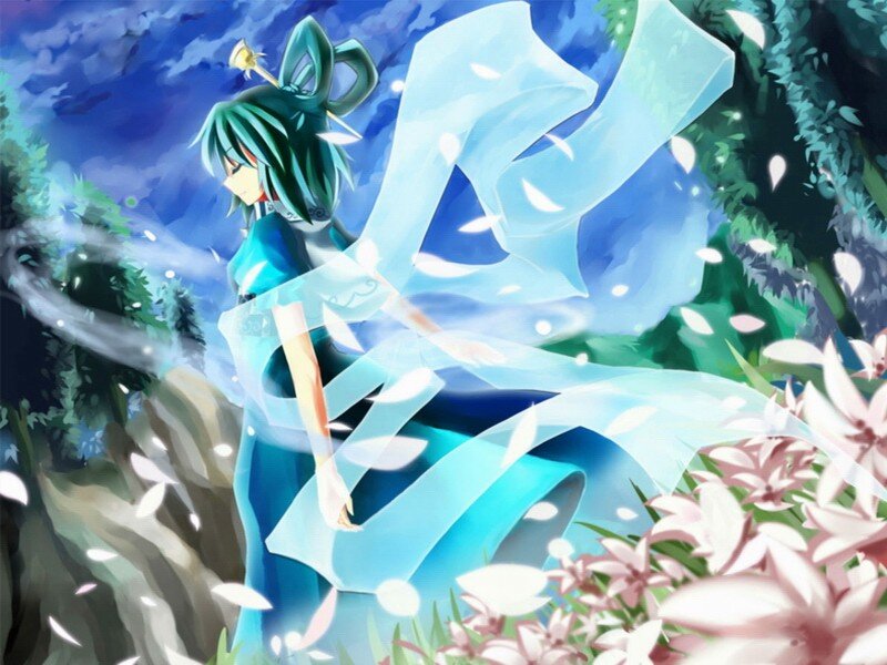 Green-haired Anime Girl — Blue, Serene, Night, Flowers