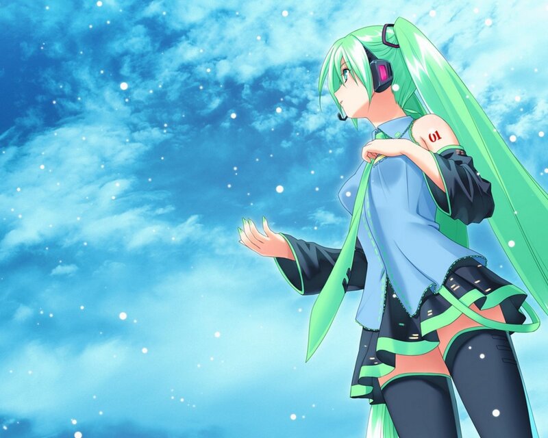 Green-haired Anime Girl — Blue, Serene, Night, Headset