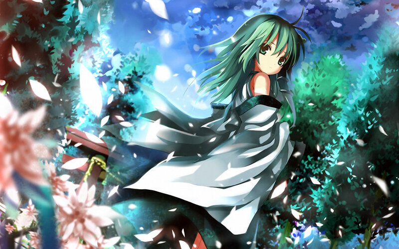 Green-haired Anime Girl — Blue, Serene, Spring, Flowers, Trees, Petals