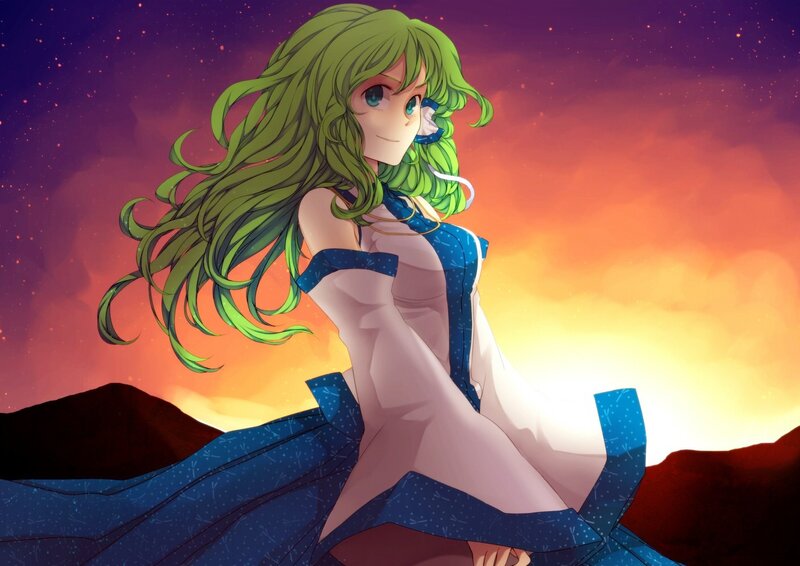 Green-haired Anime Girl — Blue, Serene, Sunset, Dress