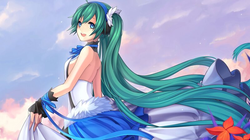 Green-haired Anime Girl — Blue, Serene, Sunset