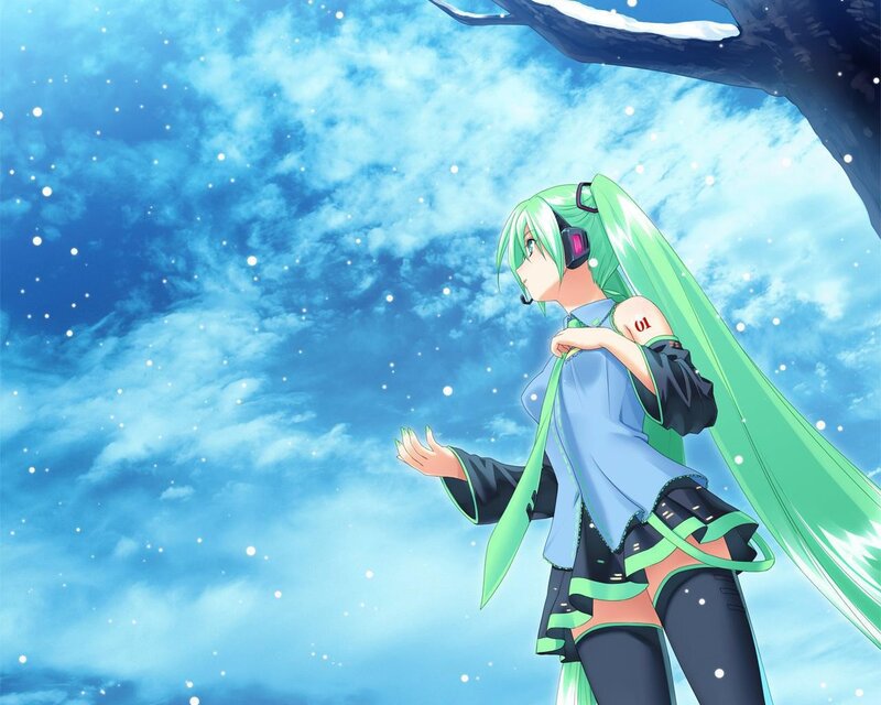 Green-haired Anime Girl — Blue, Serene, Winter, Headphones