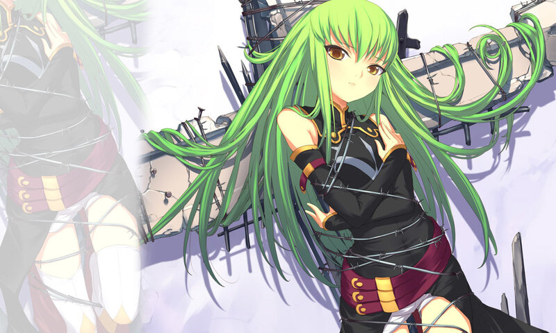 green-haired anime girl bound by barbed wire