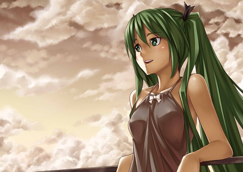 green-haired anime girl by clouds