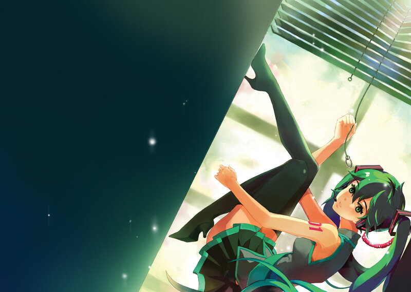 green-haired anime girl by window