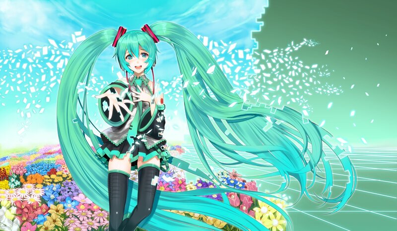Green-haired Anime Girl — Cyan, Cheerful, Spring, Digital Art
