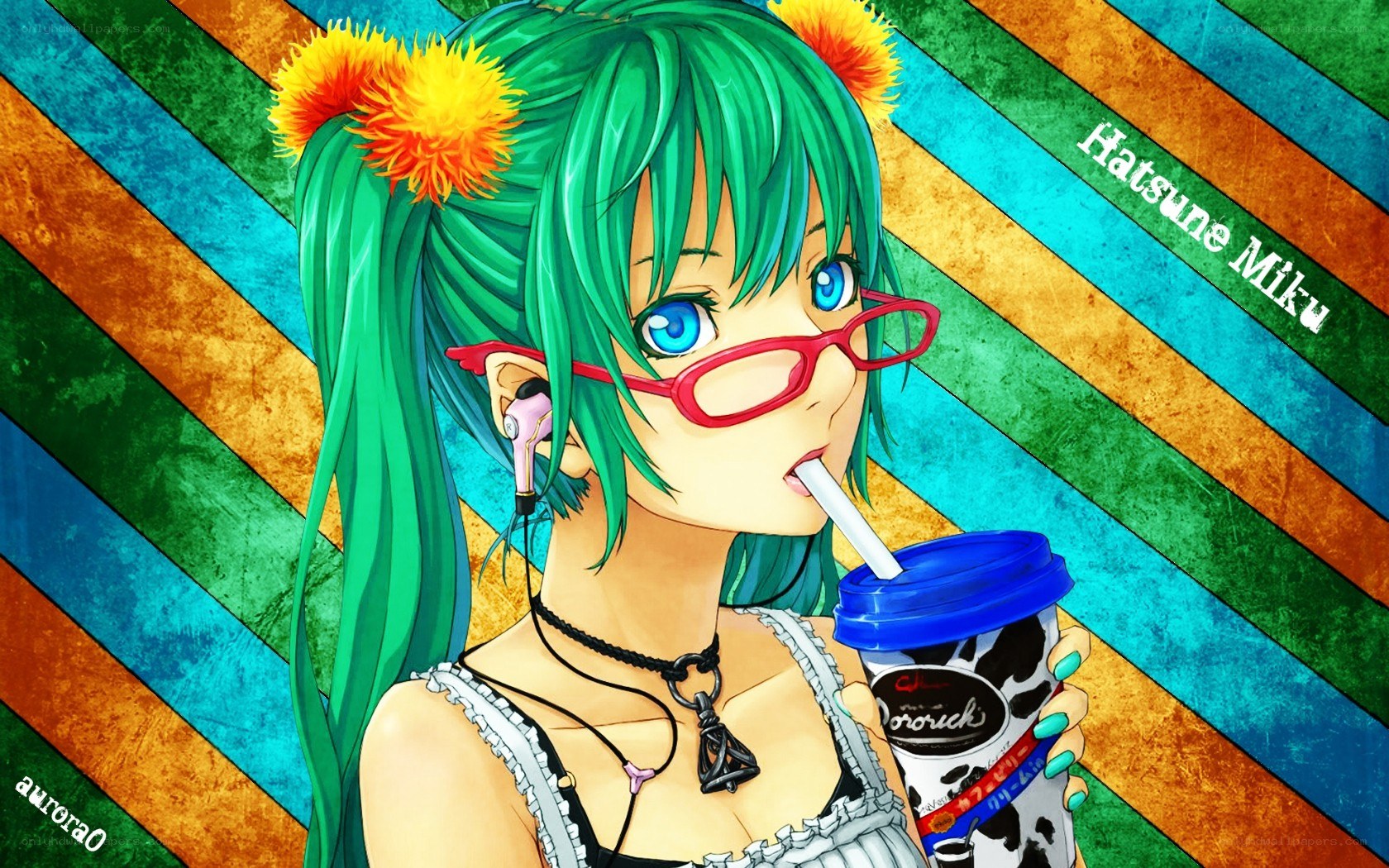 Green-haired anime girl drinking