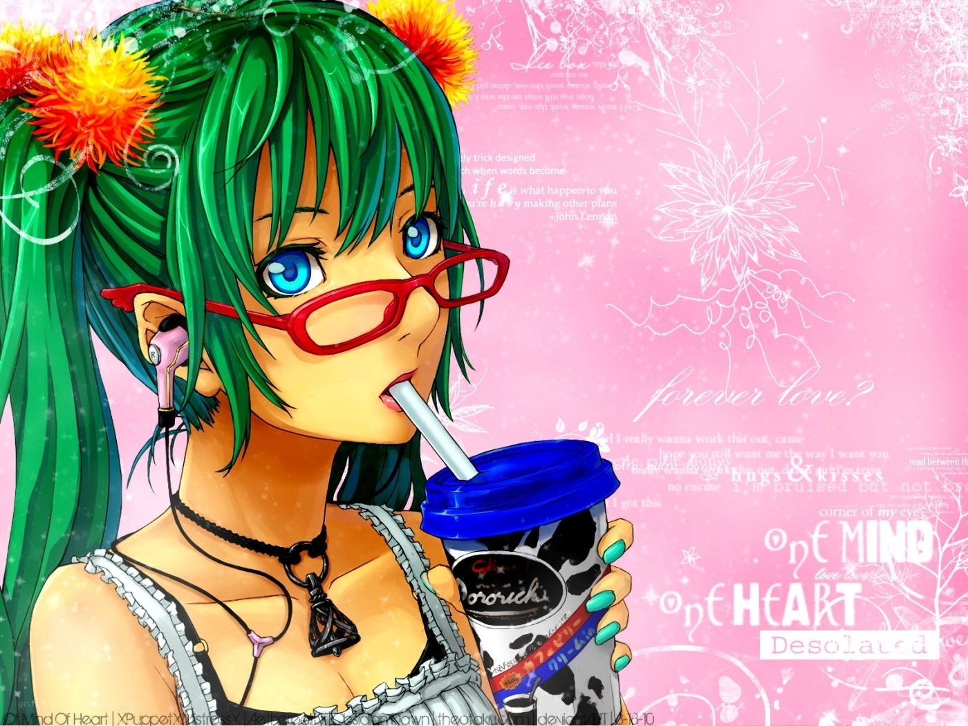 green-haired anime girl drinking