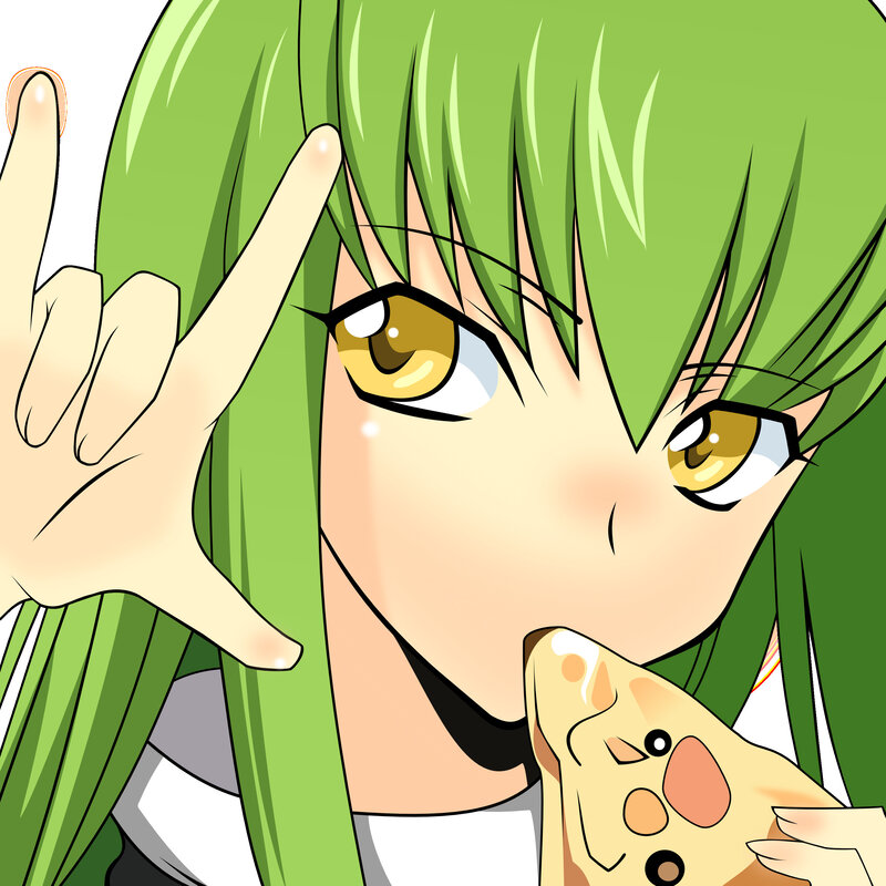 green-haired anime girl eating pizza