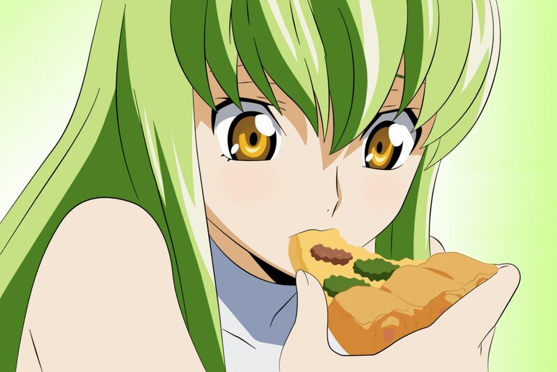green-haired anime girl eating pizza