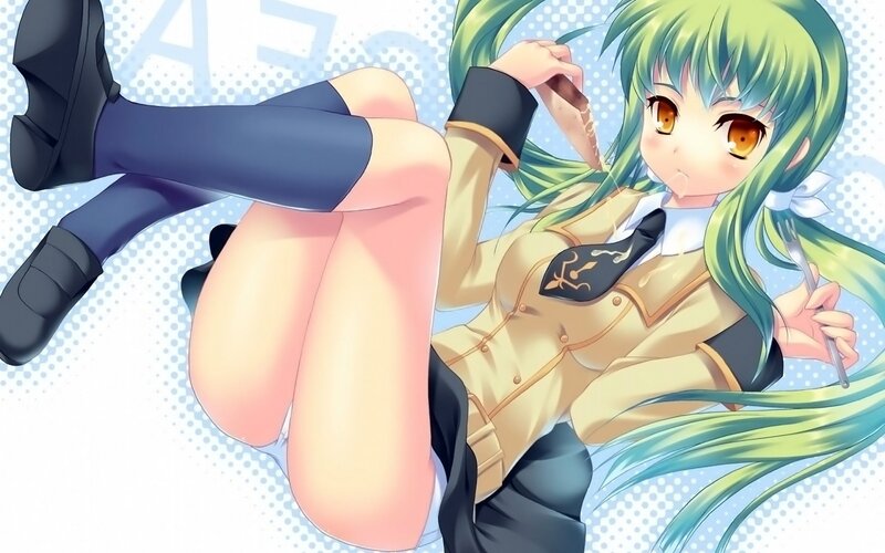 green-haired anime girl eating