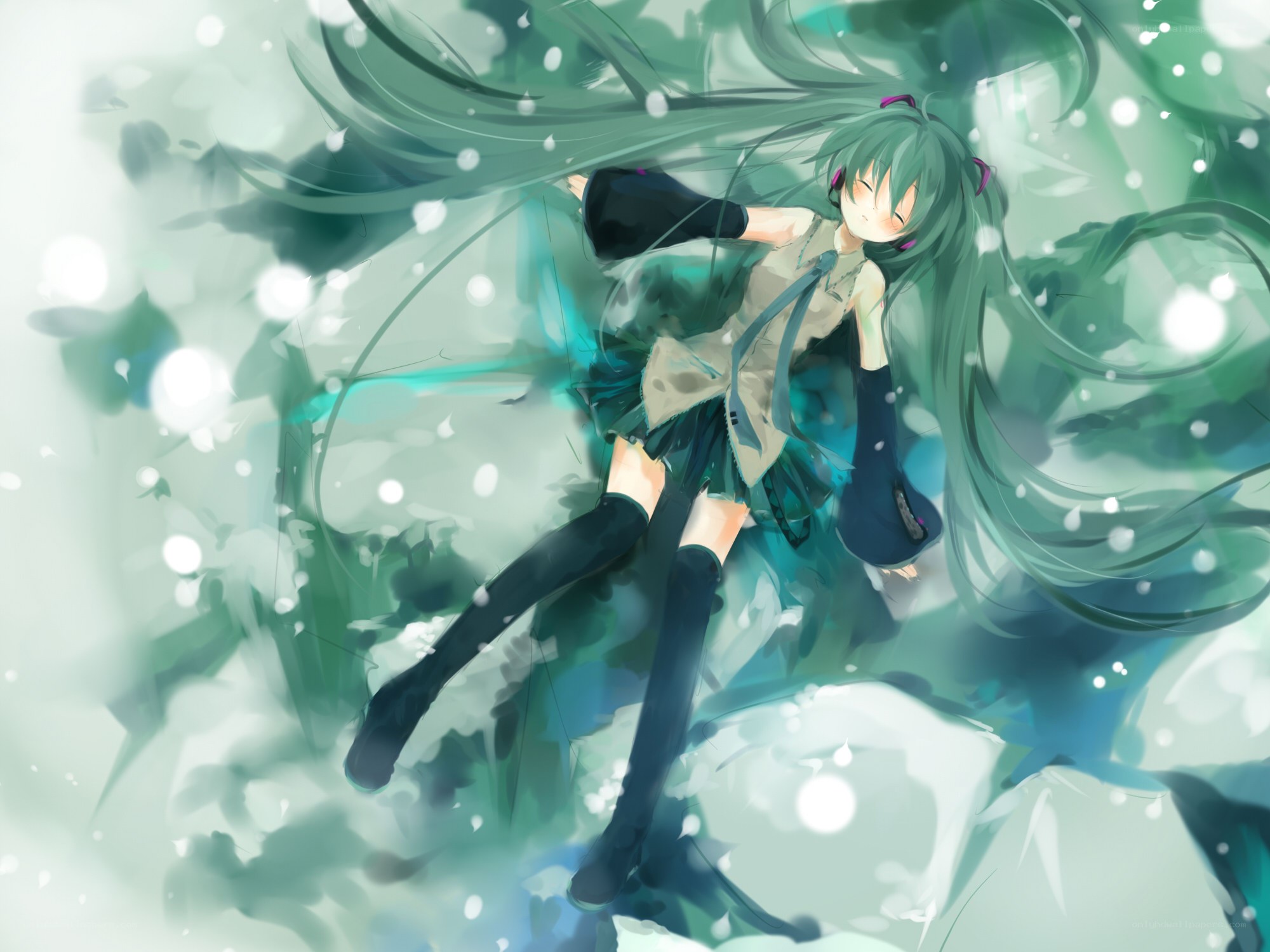 green-haired anime girl floating