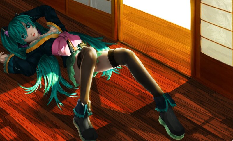 Green-haired Anime Girl — Green, Calm, Afternoon, Digital Art, Wooden Floor