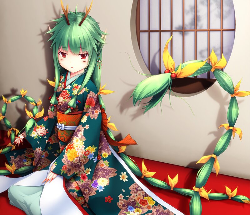 Green-haired Anime Girl — Green, Calm, Afternoon, Kimono