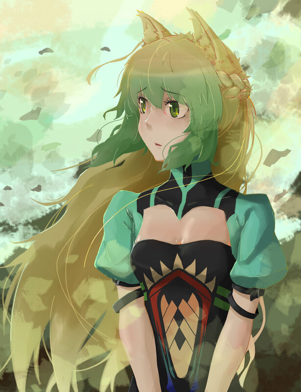 Green-haired Anime Girl — Green, Calm, Digital Art, Cat Ears