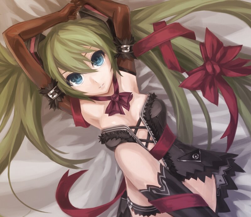 Green-haired Anime Girl — Green, Calm, Digital Art, Red Ribbons