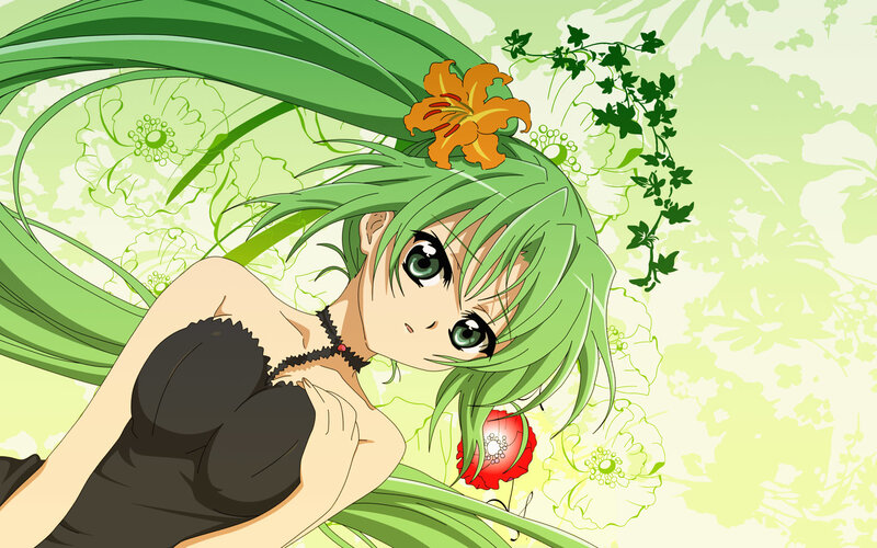 Green-haired Anime Girl — Green, Calm, Flower, Vine