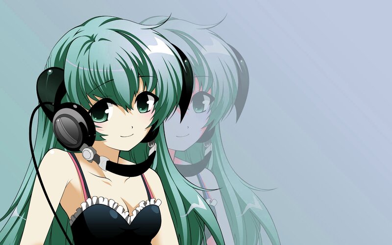 Green-haired Anime Girl — Green, Calm, Headphones, Black Top
