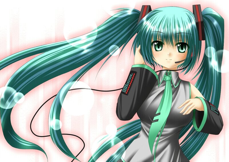 Green-haired Anime Girl — Green, Calm, Headset, Pigtails