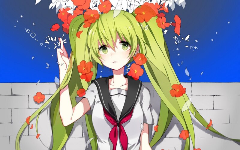 Green-haired Anime Girl — Green, Calm, Night, Flowers