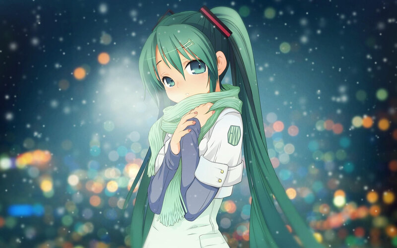 Green-haired Anime Girl — Green, Calm, Night, Scarf