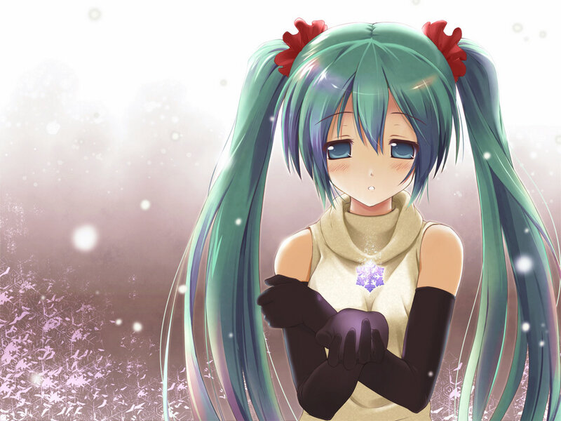 Green-haired Anime Girl — Green, Calm, Winter, Snowflakes