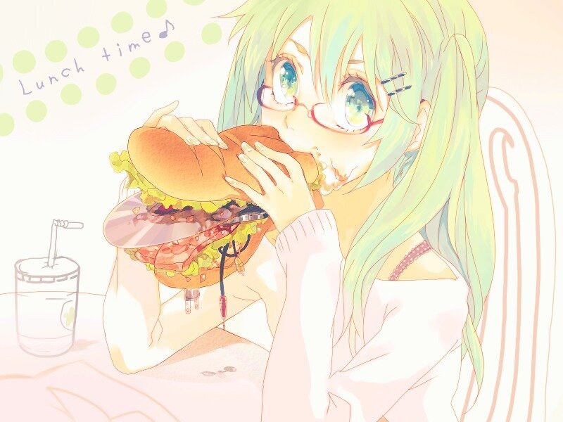 Green-haired Anime Girl — Green, Cheerful, Afternoon, Hamburger