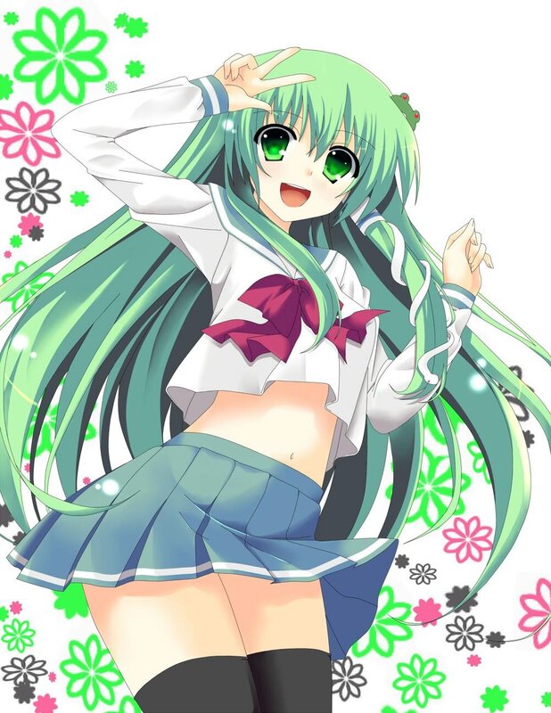 Green-haired Anime Girl — Green, Cheerful, School Uniform, Flowers