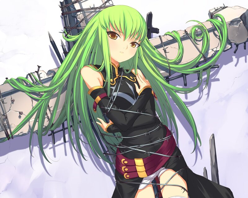 Green-haired Anime Girl — Green, Dramatic, Barbed Wire, Crumbling Wall
