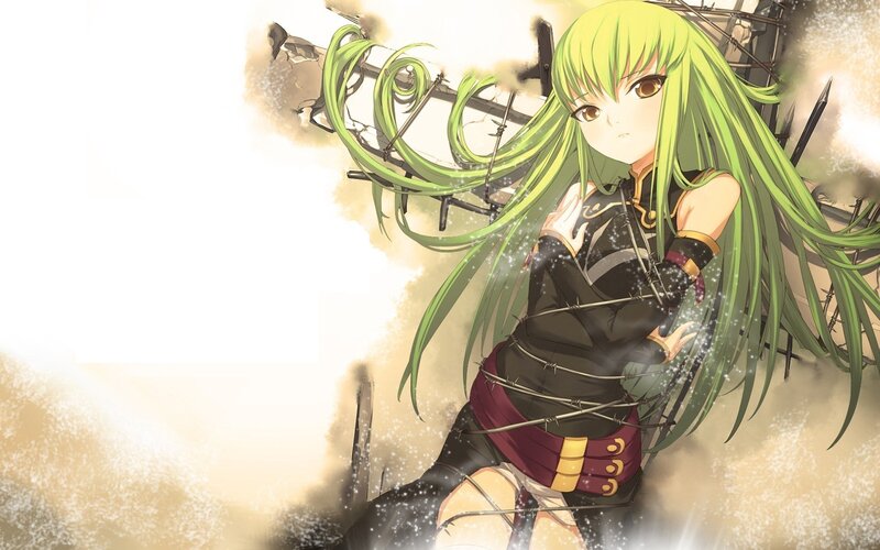 Green-haired Anime Girl — Green, Dramatic, Barbed Wire, Explosion