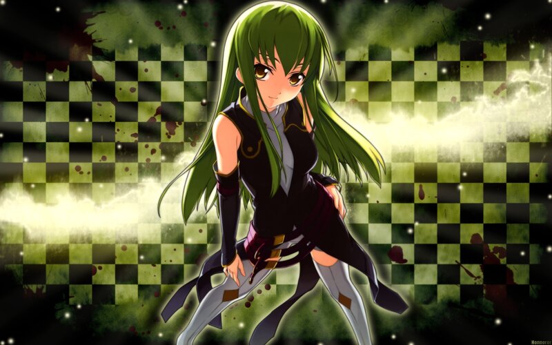Green-haired Anime Girl — Green, Dramatic, Checkered Background