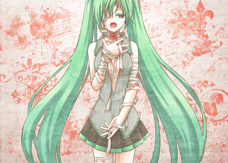 Green-haired Anime Girl — Green, Dramatic, Digital Art, Bandages