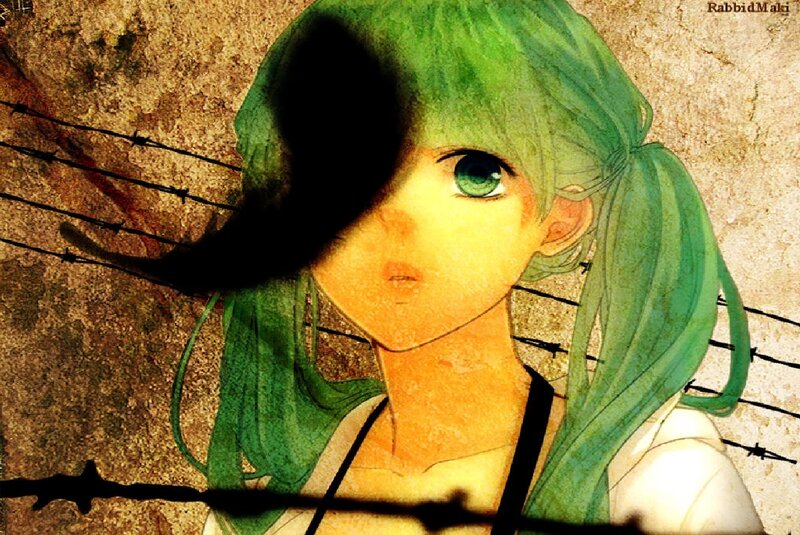 Green-haired Anime Girl — Green, Dramatic, Digital Art, Barbed Wire