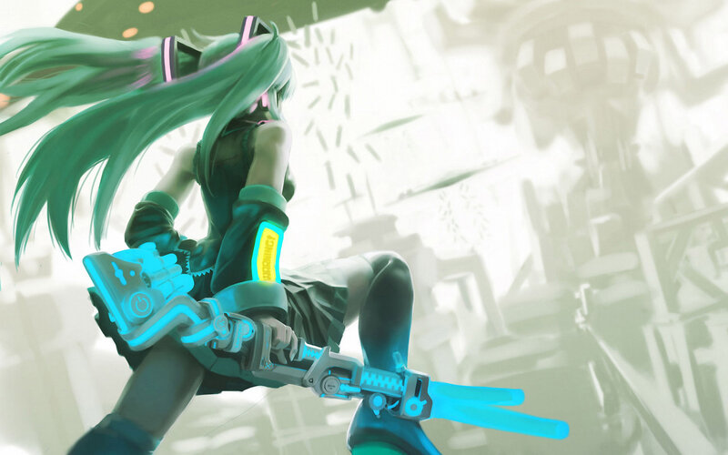 Green-haired Anime Girl — Green, Dramatic, Digital Art, Gun