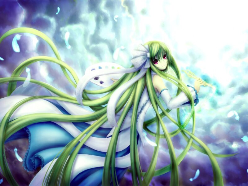Green-haired Anime Girl — Green, Dramatic, Digital Art, Long Hair, White Bow