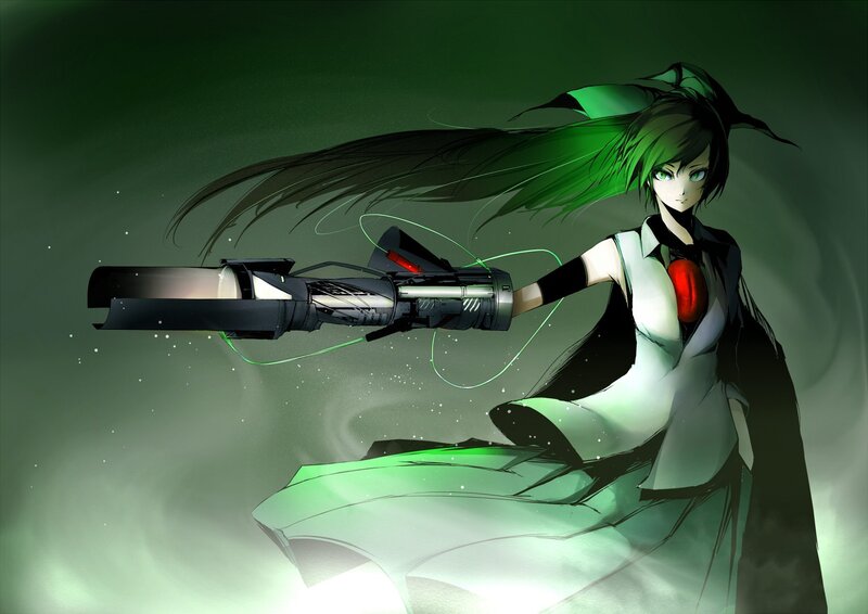 Green-haired Anime Girl — Green, Dramatic, Gun, Cape
